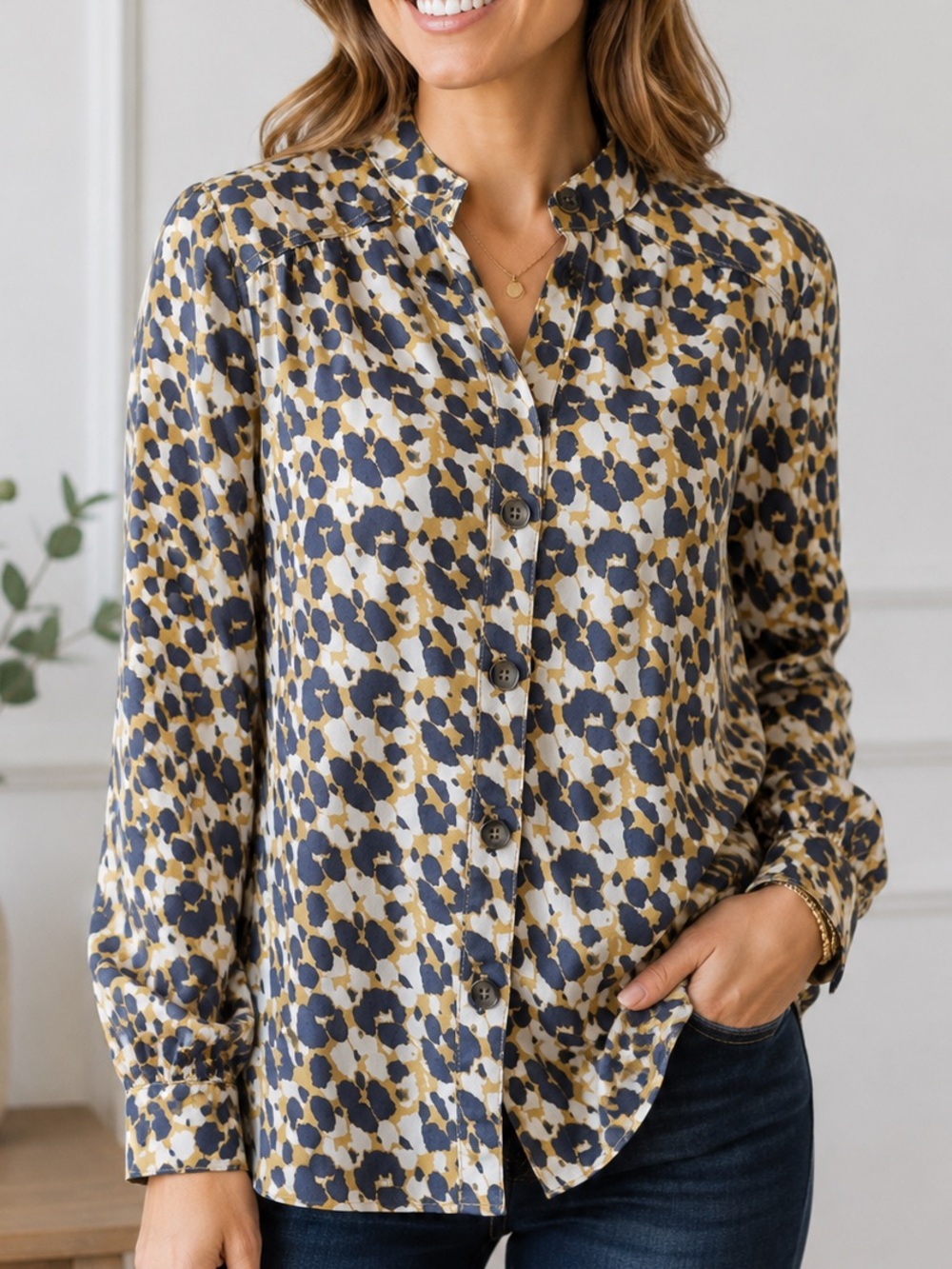 Cabi #5854 Womens Size XS Leopard Print Utility Shirt Jacket Shacket Gray Yellow
